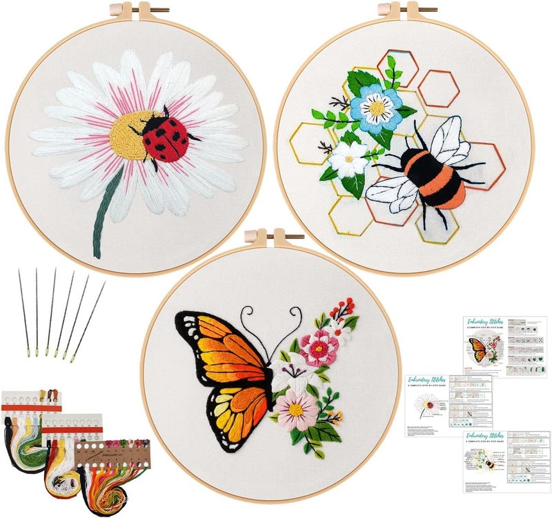 Nuberlic 3 Pack Funny Embroidery Kits for Adults Beginner, Stamped Cross Stitch Kit for Crafts Starters with Cute Bees Butterfly Patterns Include Hoop Cloth Thread Needles Instructions - Image 1